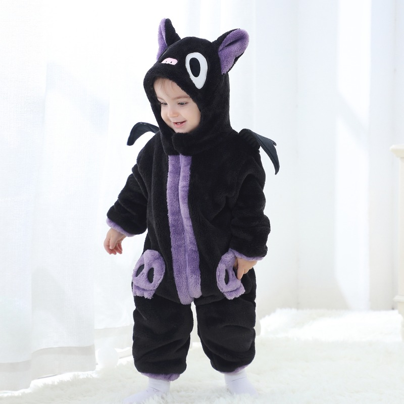 Cotton Baby Onesies Zipper - 신생아용 검정색 보라색 고양이 후드 롬퍼