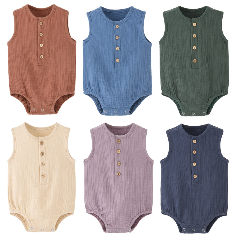 Baby Summer Linen Sleeveless Jumpsuit - 여름용, 단색, 신생아용, 100% 면 혼방
